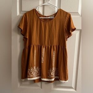 POLAGRAM~BROWN EMBROIDERED ~BABY DOLL TOP~